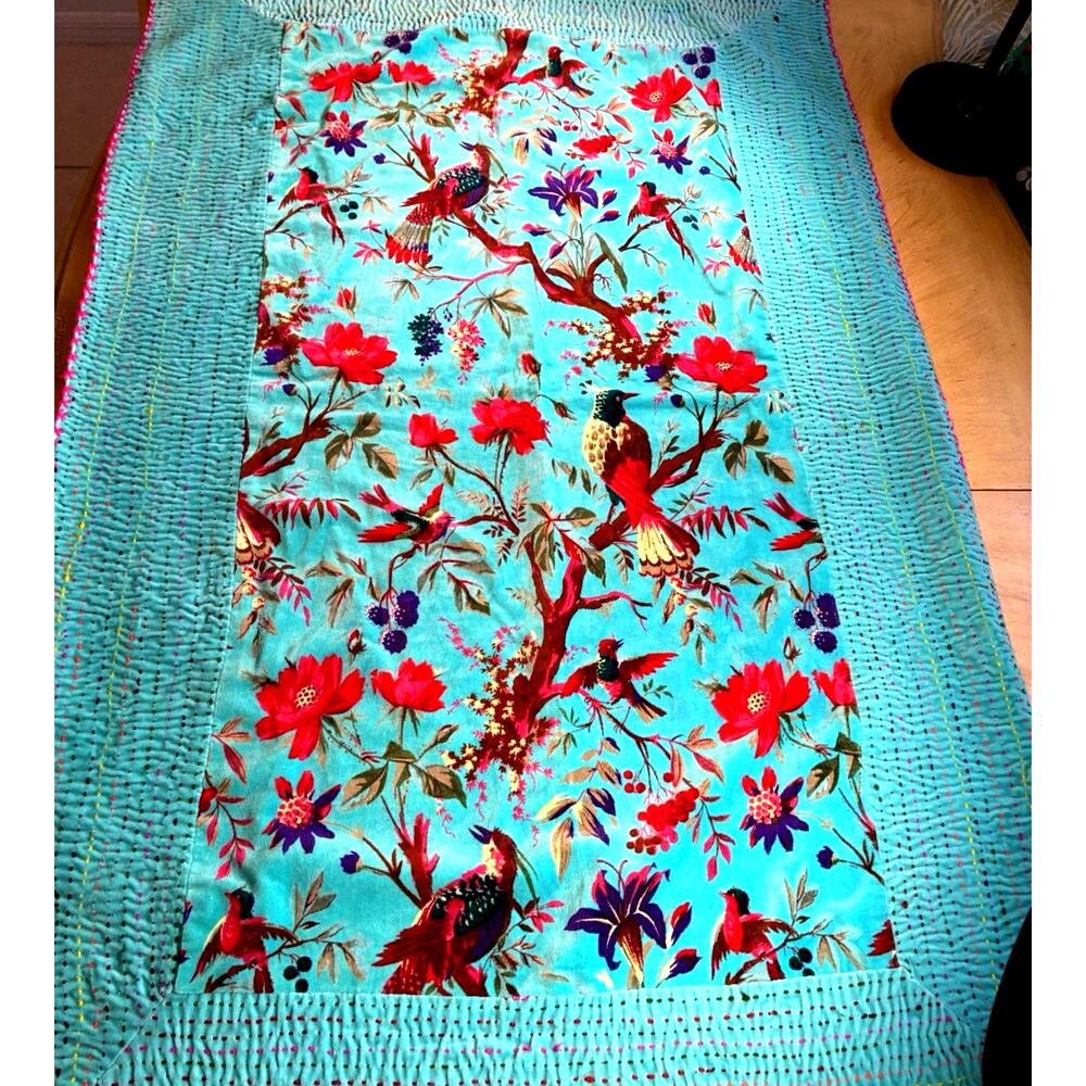 Karma Living Red Bird Teal Velvet Boho Throw Blanket Embroidered Whimsical Boho